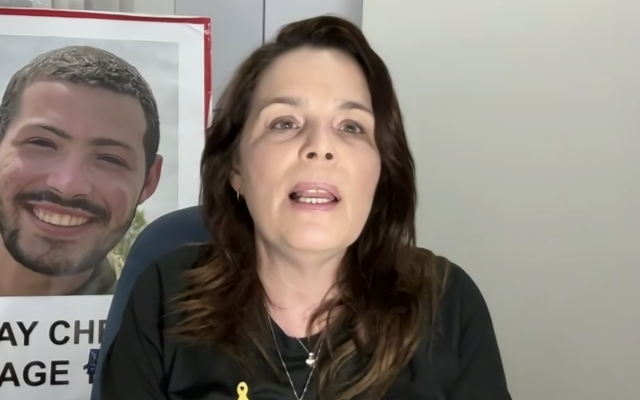 Hagit Chen, mother of hostage Itay Chen, considered to have been killed and his body taken captive on October 7, 2023, speaks during a Zoom interview on May 8, 2025. (Courtesy screengrab)